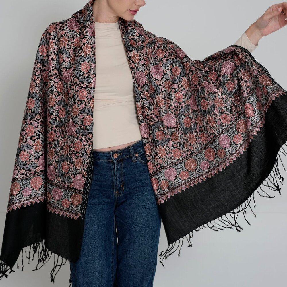 NEW Black Rosewood Women Scarf - Nalki Luxurious Merino Wool Pashmina Blend Wrap